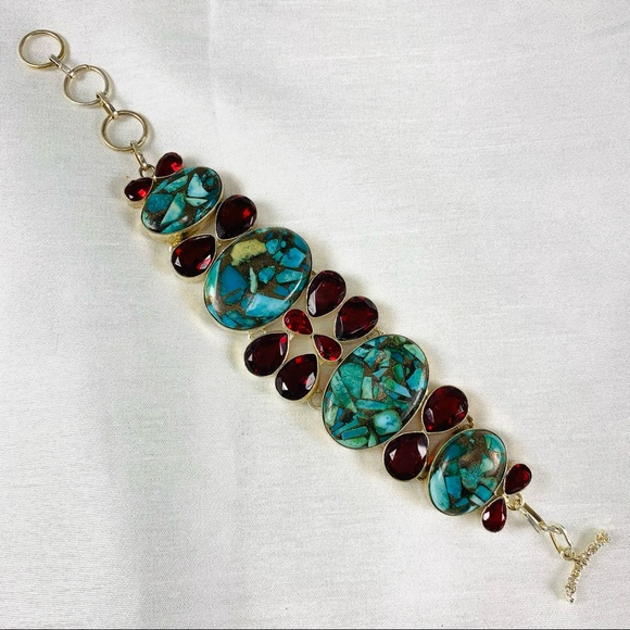 Red faceted gem & turquoise bracelet - Picture 2 of 10